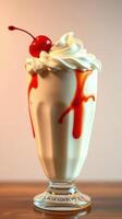 Delicious milkshake topped with whipped cream and cherry served in a retro glass photo