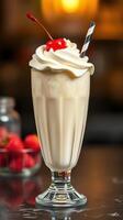 Creamy milkshake topped with whipped cream and cherry served in a glass with a straw at a cozy cafe photo