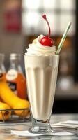 Classic banana milkshake topped with whipped cream and cherry, served in a tall glass with a striped straw photo