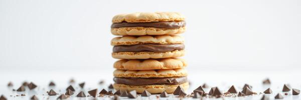 Cookies stacked with chocolate filling surrounded by chocolate chips on a plain surface photo