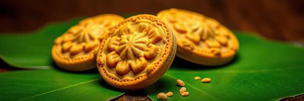 Traditional baked pastries arranged on green leaves with decorative patterns and sesame seeds scattered around photo