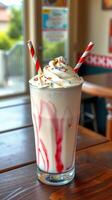 Creamy milkshake topped with whipped cream and sprinkles in a lively cafe setting photo