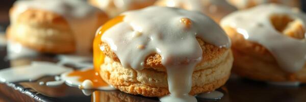 Freshly baked biscuits with creamy glaze and dripping icing on a dark wooden table photo