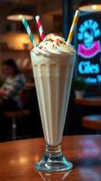 Creamy milkshake served in a tall glass with colorful straws and whipped cream on top in a cozy cafe setting photo