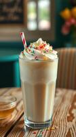 Creamy milkshake topped with whipped cream and colorful sprinkles in a cozy cafe setting photo