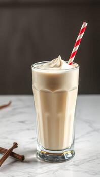 Creamy beverage with a red striped straw sits on a marble table next to cinnamon sticks during a cozy indoor setting photo