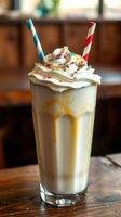 Delicious milkshake topped with whipped cream and colorful sprinkles served in a tall glass photo