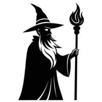 Side Profile of Wizard with Tall Hat and Glowing Staff Silhouetted on White Background vector