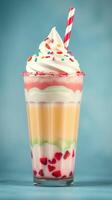 Colorful layered milkshake with whipped cream and sprinkles served in a tall glass photo