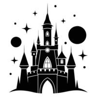 Towering Castle with Light-filled Turrets Silhouetted on White Background vector
