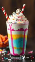 Brightly colored dessert milkshake with whipped cream and sprinkles served in a tall glass photo