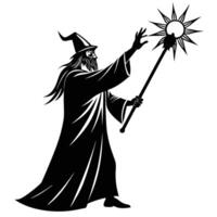 Wizard Profile Casting Glowing Spell Silhouette on White Background vector