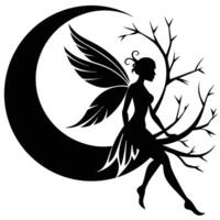 Fairy Perched on Branch with Moon Overhead Silhouetted on White Background vector