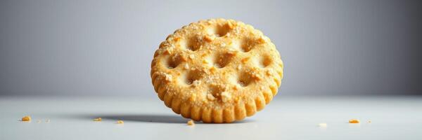 Round golden cookie topped with crumbs stands on a plain surface against a soft-gray background photo