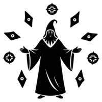 Wizard Casting Spells with Floating Symbols Silhouetted on White Background vector