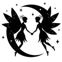 Fairy Holding Hands in a Flight Arc Silhouetted on White Background vector