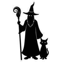 Wizard Standing with Staff Next to Mysterious Black Cat Silhouette on White Background vector