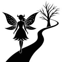 Fairy Standing by a Winding Forest Path Silhouetted on White Background vector