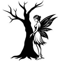 Fairy Leaning Against Twisted Tree Trunk Silhouetted on White Background vector