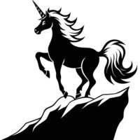 Majestic Unicorn Silhouette Rearing on Sharp Cliff Edge on White Background vector