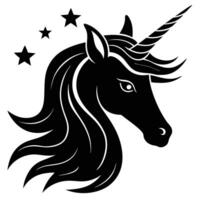 Horned Unicorn Silhouette with Flowing Starry Mane on White Background vector