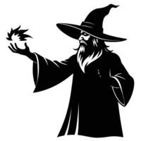 Sorcerer in Wide Brimmed Hat Casting Spell Silhouette on White Background vector