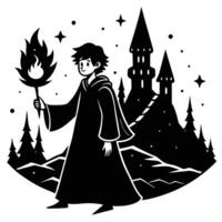 Young wizard exploring magical setting silhouetted on white background vector