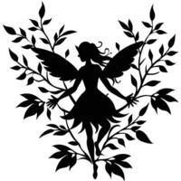 Fairy Flying Through Dense Forest Vines Silhouetted on White Background vector