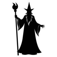Wizard gazing forward with staff silhouetted on white background vector