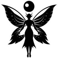 Fairy with Moonlight Glowing Through Wings Silhouette on White Background vector