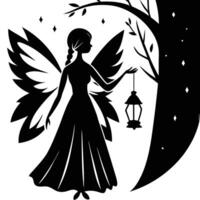 Fairy with Lantern Glowing in Dark Forest Silhouette on White Background vector