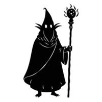Curious Wizard in Cloak Carrying a Small Staff Silhouette on White Background vector