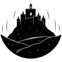 Medieval Fortress on Hilltop with Glowing Moat Silhouetted on White Background vector