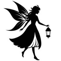 Fairy Walking with Lantern Illuminating Path Silhouette on White Background vector