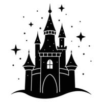 Magical Castle with Stars Swirling Around Silhouetted on White Background vector