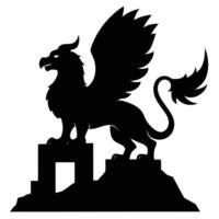 Griffin Perched on Ancient Stone Ruins Silhouetted on White Background vector