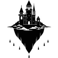 Suspended Castle in Midair with Cascading Waterfall Silhouetted on White Background vector