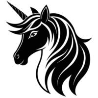 Unicorn Head Facing Left with Elegant Mane Silhouette on White Background vector