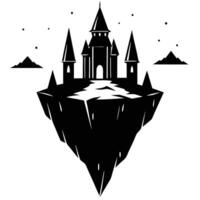 Floating Castle with Jagged Cliffs Silhouetted on White Background vector