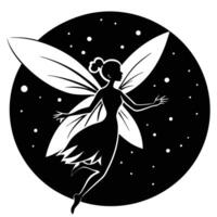 Fairy Flying Under Glowing Full Moon Silhouetted on White Background vector