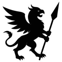 Griffin with Shield and Spear Battling in Defensive Stance Silhouetted on White Background vector