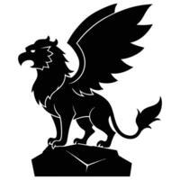 Majestic Griffin on Broken Stone Pedestal Silhouetted on White Background vector