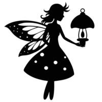 Fairy Holding Lantern on Mushroom Top Silhouetted on White Background vector