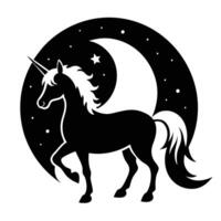 Lone Unicorn Silhouette with Moon Rising Behind on White Background vector