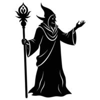 Profile of Mage with Staff Pointing Downward Silhouetted on White Background vector