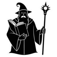 Wise wizard reading book silhouetted on white background vector