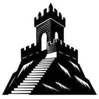 Towering Fortress Tower with Battlements Silhouetted on White Background vector
