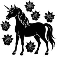 Majestic Unicorn Silhouette Standing in Cluster of Roses on White Background vector