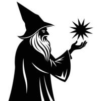 Profile of Wizard Creating Light Spell with Focus Silhouetted on White Background vector