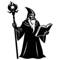 Wizard with book and staff silhouette vector